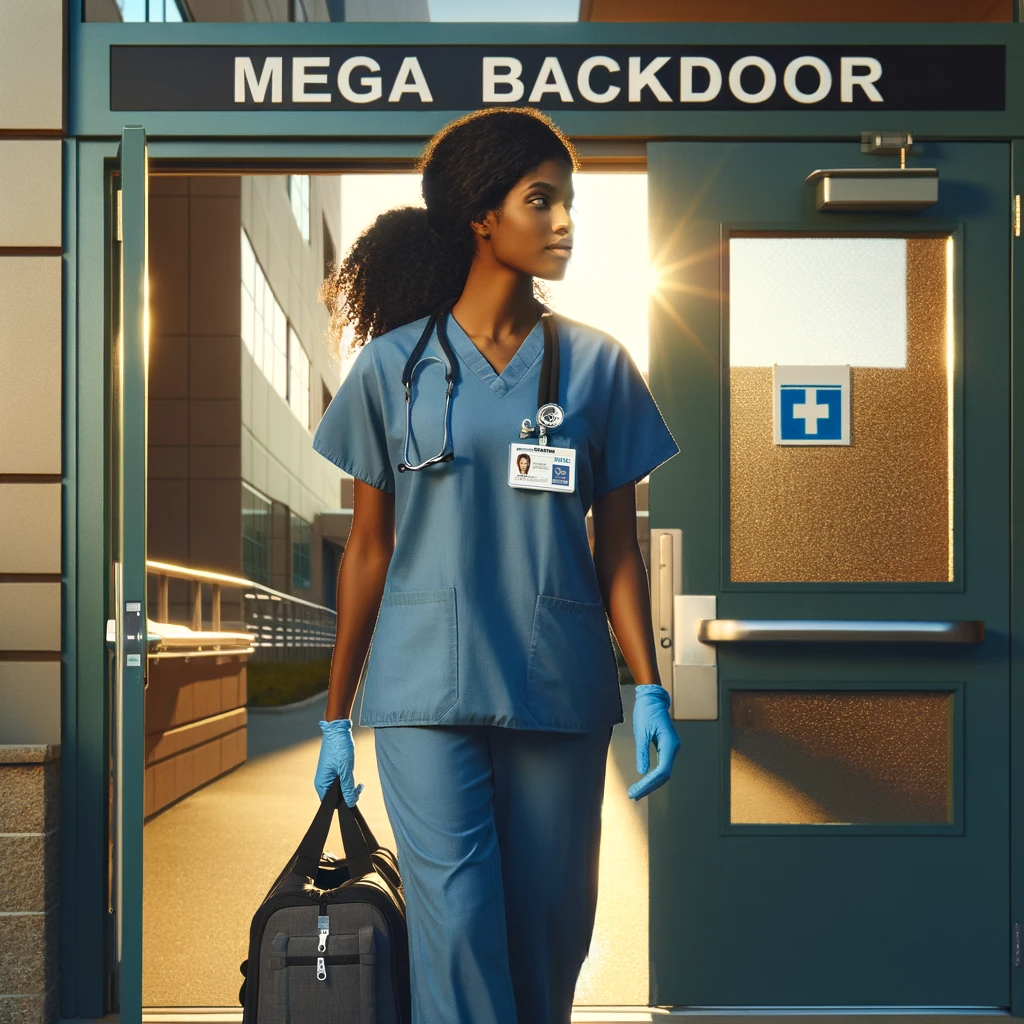A-Certified-Registered-Nurse-Anesthetist-CRNA-a-Black-female-in-her-30s-entering-a-hospital-through-a-back-entrance.-She-is-wearing-blue-scrubs-a