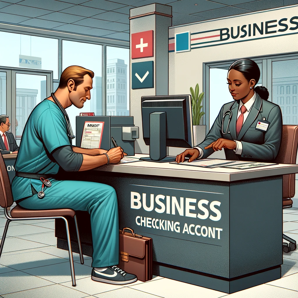 An-illustration-of-a-CRNA-Certified-Registered-Nurse-Anesthetist-sitting-at-a-bank-making-a-deposit-into-a-business-checking-account.-The-CRNA-is-d
