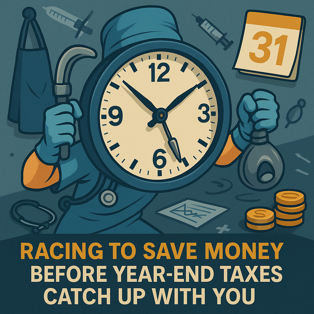 Cartoon-style illustration of an anthropomorphic clock dressed as a CRNA, wearing scrubs, gloves, and a scrub cap. The clock holds a laryngoscope in one hand and an anesthesia mask in the other. A wall calendar marked “31,” syringes, coins, and tax documents surround it. Text at the bottom reads: “Racing to save money before year-end taxes catch up with you.”