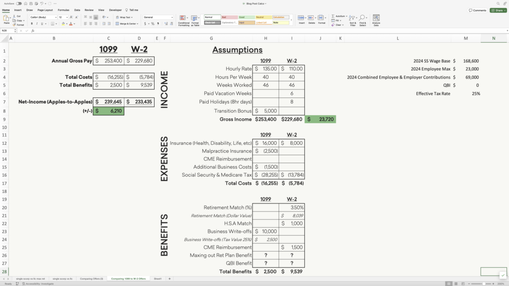 1099 versus W2 CRNA compensation calculator comparing income, expenses, benefits, and net income