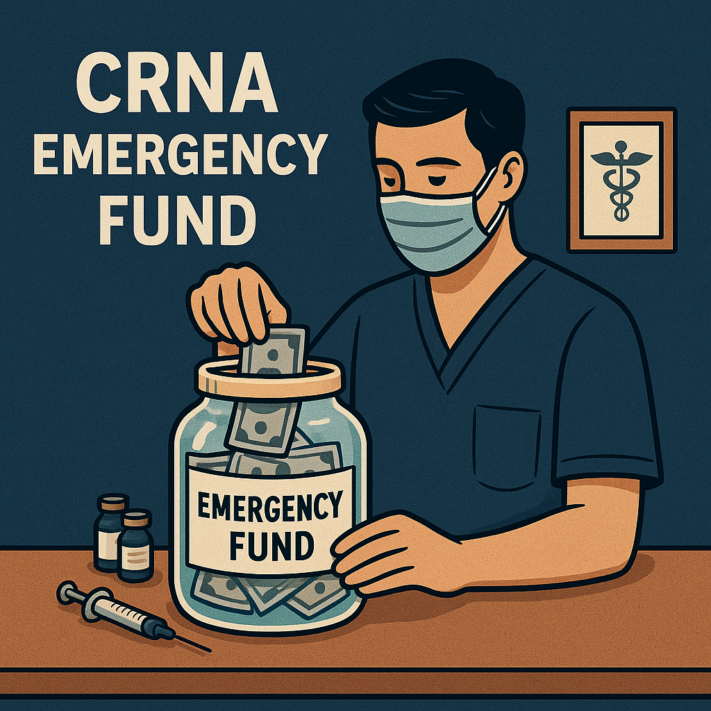 Illustration of a CRNA in scrubs and a surgical mask placing money into a glass jar labeled “Emergency Fund.” The jar sits on a table alongside medical supplies like a syringe and vials. A framed caduceus symbol hangs on the wall behind him, emphasizing the healthcare setting.