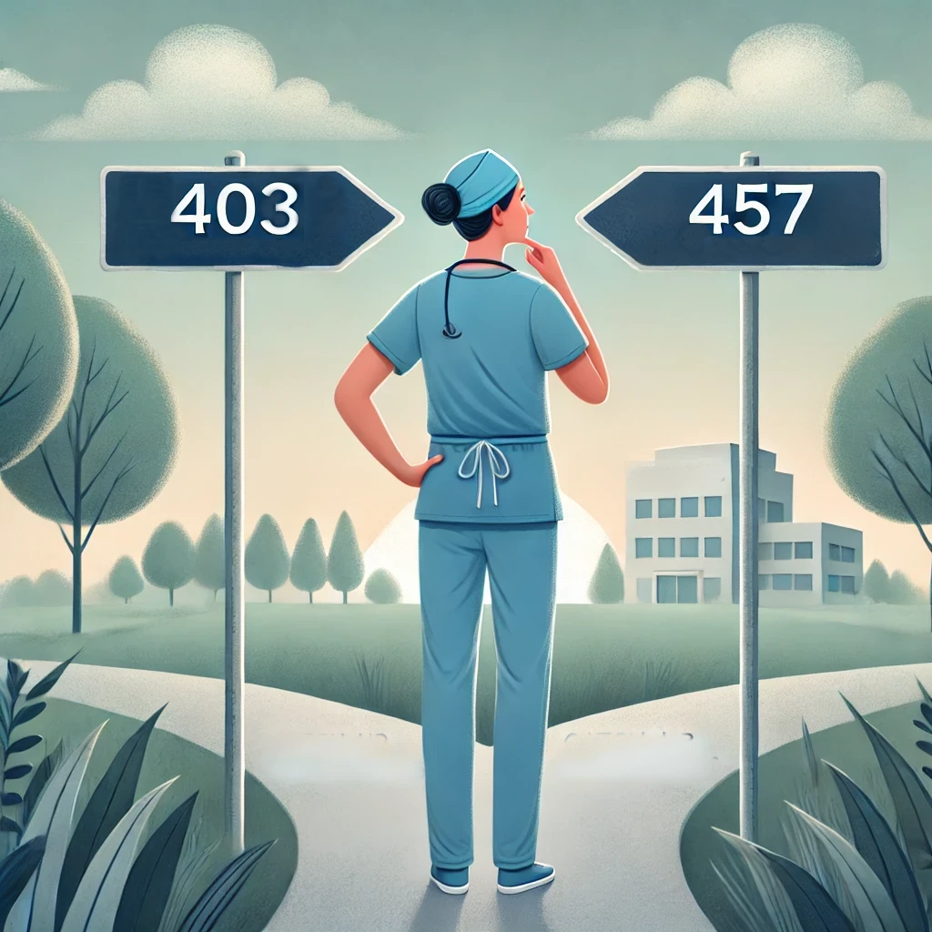 A CRNA standing at a fork in the road, deciding between two paths. One sign labeled "403(b)" points left, while the other sign labeled "457" points right. The background features subtle hospital elements and a serene outdoor setting, symbolizing thoughtful financial decision-making.