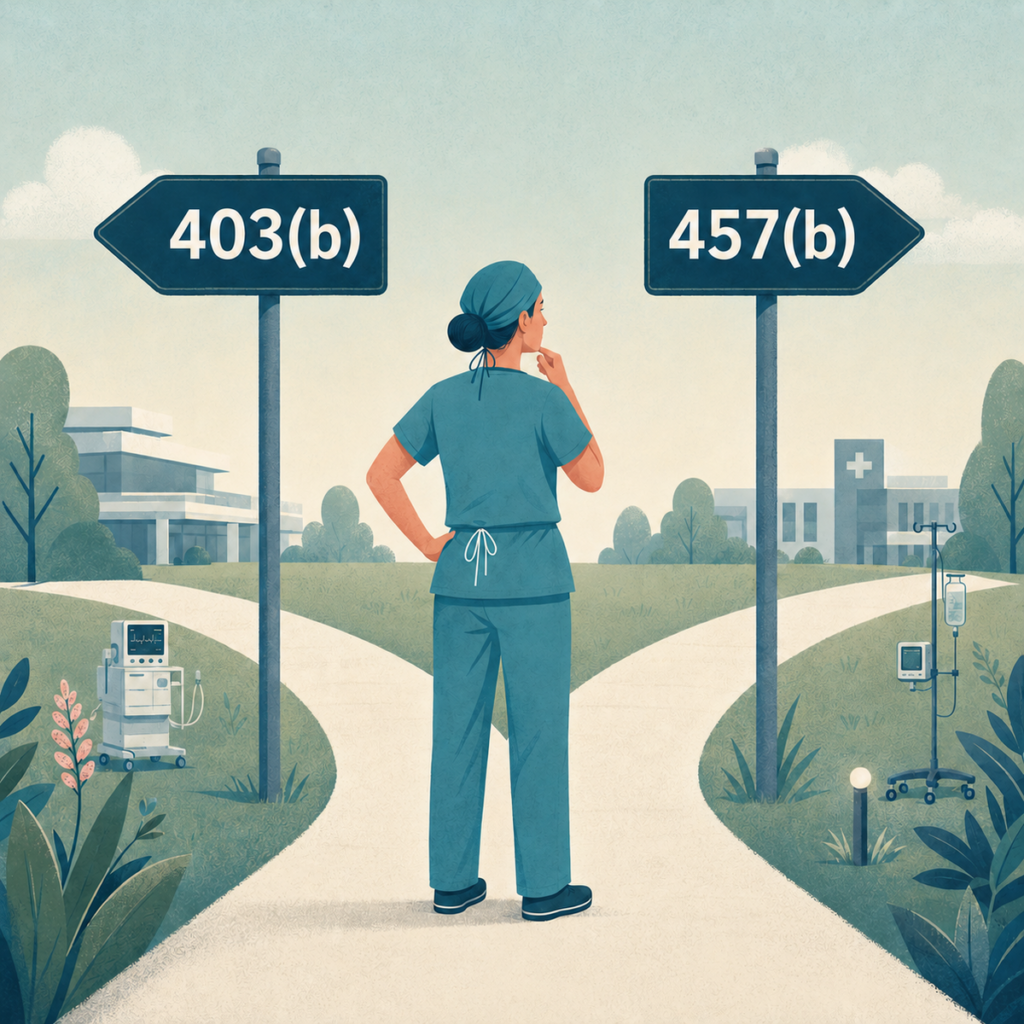 A CRNA choosing between 403(b) and 457(b) retirement-plan paths outside a hospital.