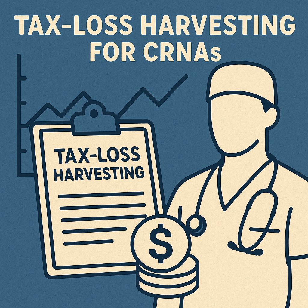 Illustration showing tax-loss harvesting for CRNAs with a nurse anesthetist, financial symbols, and a declining stock chart—used to explain direct indexing and investment tax strategies for nurse anesthetists.
