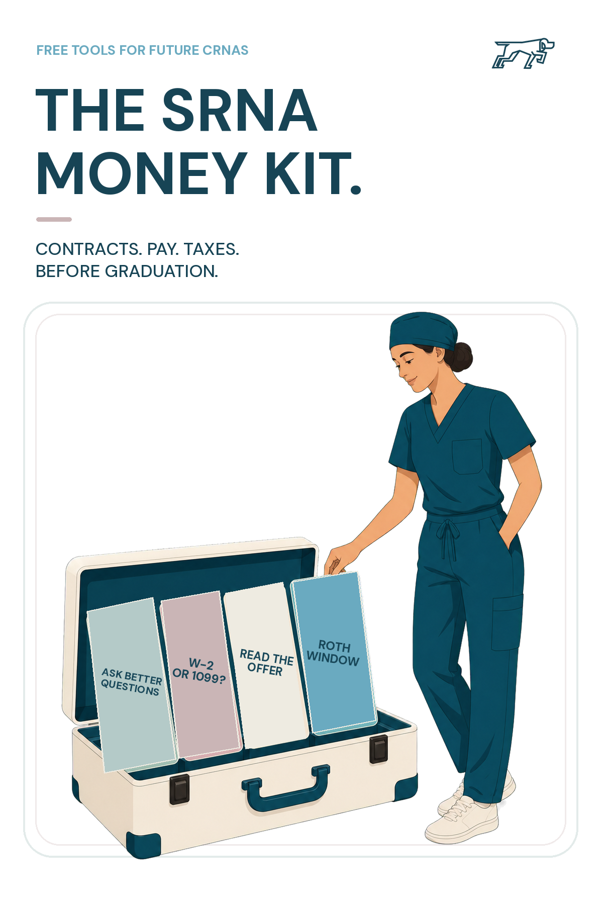 SRNA Money Kit with four resources covering advisor questions, 1099 versus W-2 work, CRNA contracts, and Roth conversions
