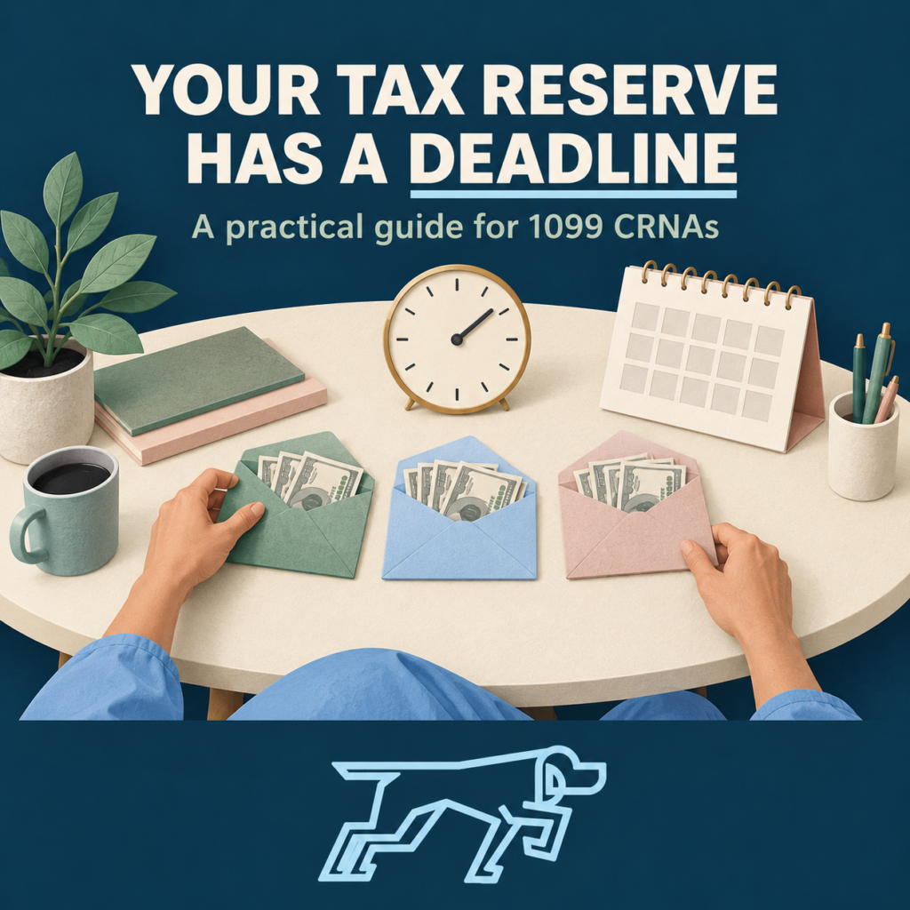 Your tax reserve has a deadline: a CRNA arranges three reserve envelopes beside a clock and calendar, with On Point CRNA branding.