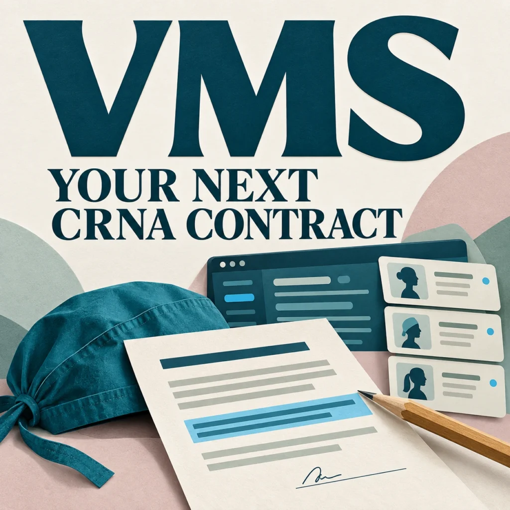 VMS and Your Next CRNA Contract above an illustrated staffing dashboard, contract, pencil, and teal scrub cap.